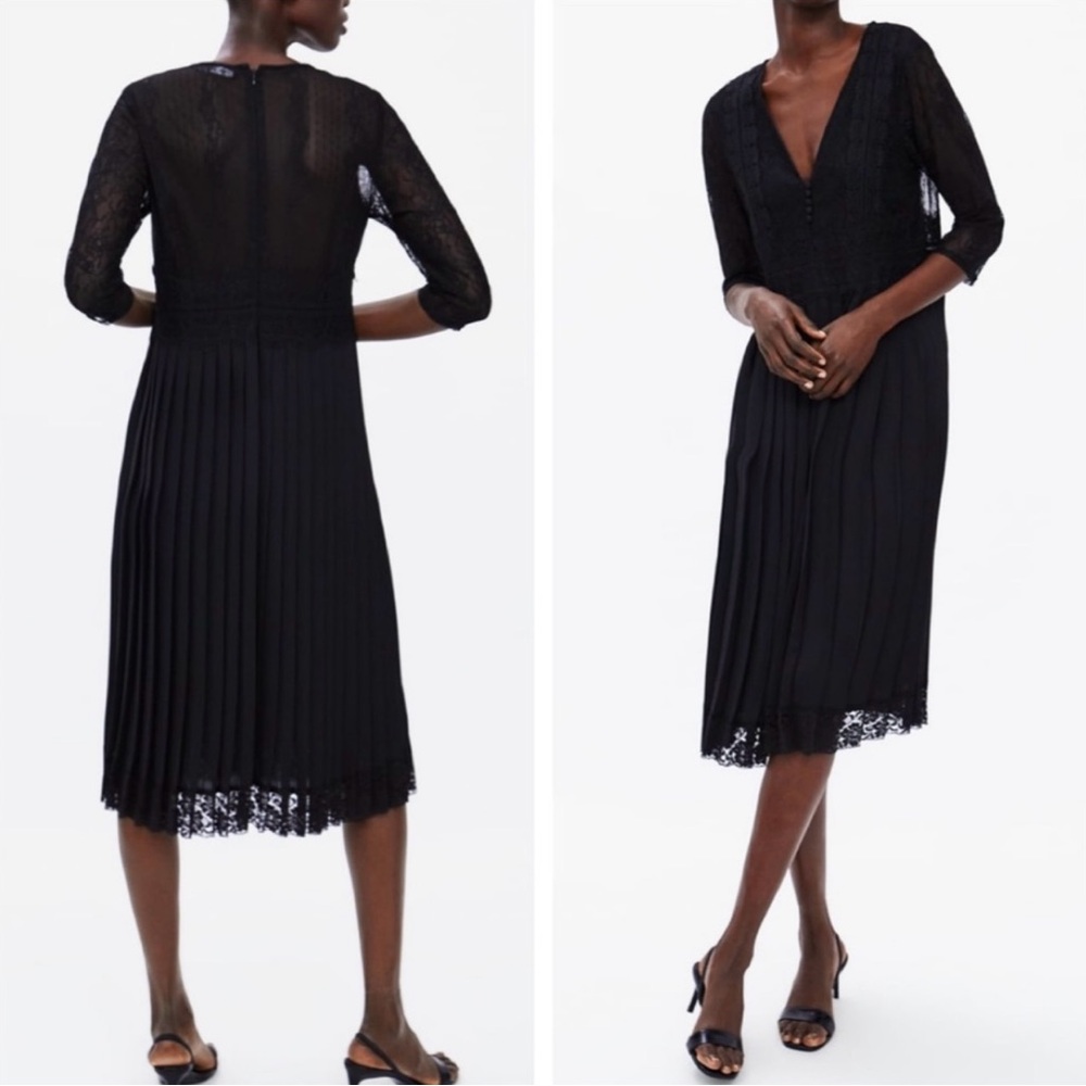 Zara Black Pleated Lace Midi Dress - Picture 4 of 8